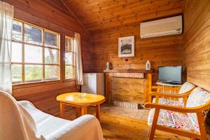 普拉多德尔雷多罗蒂亚果园农庄酒店的小木屋客厅配有电视和壁炉