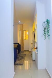 杜阿拉Appartement cosy goldy bonapriso的享有带蓝色沙发的客厅的景色