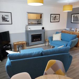 鲍内斯温德米尔Darcey's Apartment的客厅配有2张蓝色沙发和壁炉