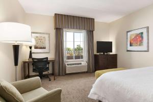 圣贝纳迪诺圣贝纳迪诺汉普顿套房酒店的配有一张床、一张书桌和一扇窗户的酒店客房