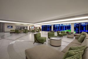 奥兰多希尔顿逸林酒店 - 奥兰多环球影城入口的大堂配有沙发、椅子和窗户。