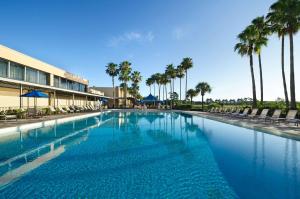 奥兰多希尔顿逸林酒店 - 奥兰多环球影城入口的一座棕榈树大型游泳池和一座建筑
