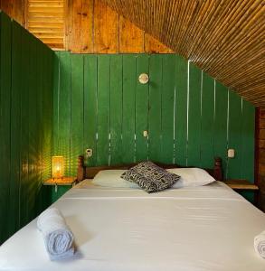 格拉纳达Casa Caracola的一间卧室设有一张带床铺的绿色墙壁