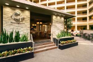 迪尔菲尔德Embassy Suites by Hilton Chicago North Shore Deerfield的植物建筑的大堂和餐厅