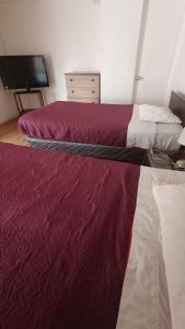 科皮亚波Residencial familiar El Valle的红色床单的客房内的两张床