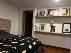 波哥大Bello y lujoso apartamento central的一间卧室配有床和一张带照片的书架