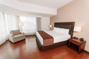 危地马拉危地马拉克拉丽奥套房酒店的配有一张床和一把椅子的酒店客房