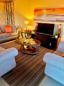 ArimaPearls Place的客厅配有两把椅子和电视