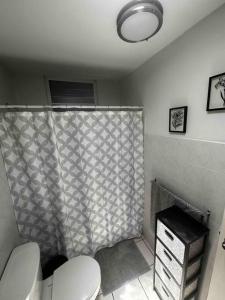 Cozy in Cabo1的一间带卫生间和淋浴帘的浴室