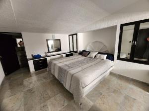 阿卡普尔科Secretos del Sol Acapulco villas a 5 minutosdel mar的一间卧室配有一张大床和镜子