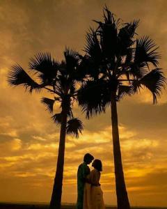 圣佩德罗Coastal Bay Suite & Golf Cart Rental的日落时分在两棵棕榈树下吻一对