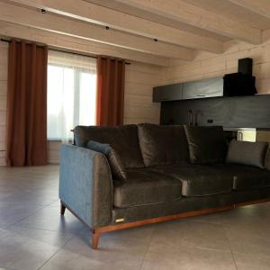 米库利钦Chalet PidStromom的客厅里设有一张棕色沙发,配有窗户