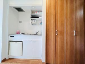 Nishi-tsurumaYSTY-HOTEL的一个带水槽和木柜的厨房