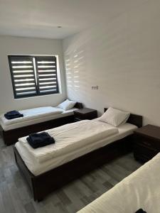 罗兹瓦多夫Guesthouse的一间卧室设有两张床和窗户。