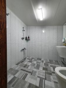 木浦市Yachtie Inn Mokpo的白色瓷砖浴室设有水槽和卫生间