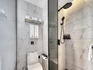 平原格林东方德州市平原县德百奇石园酒店的带淋浴和卫生间的白色浴室