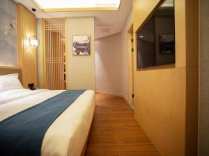 乌鲁木齐格林东方新疆乌鲁木齐人民路酒店的配有一张床和一台平面电视的酒店客房