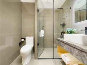 大连格菲辽宁省大连市甘井子区周水子机场酒店的浴室配有卫生间、盥洗盆和淋浴。