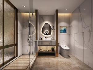 蚌埠格丽蚌埠万达广场南翔城市广场酒店的带淋浴、卫生间和镜子的浴室