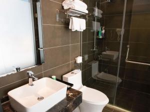合肥格丽合肥磨店大学城梦溪小镇酒店的一间带水槽、卫生间和淋浴的浴室