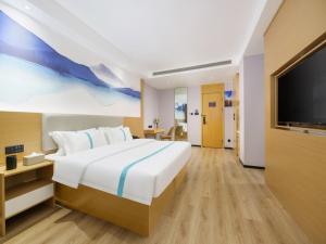大连格菲辽宁省大连市甘井子区周水子机场酒店的一间卧室配有一张大床和一台平面电视