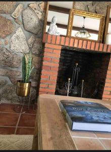 Santa Maria del TietarVilla Amaris的一间设有砖砌壁炉的房间,桌子上放着一本书