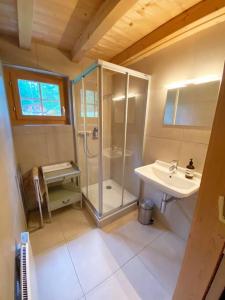 Praz-de-FortChalet with style in the beautiful Val Ferret的带淋浴和盥洗盆的浴室