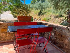 马萨马里蒂马Agriturismo Schiaccia Ghiande的庭院里设有四把红色椅子和一张蓝色桌子