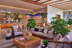 奥欣赛德Mission Pacific Beach Resort, part of JdV by Hyatt的客厅里摆放着家具和盆栽植物