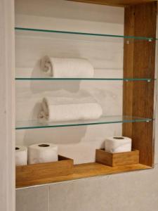 伦敦Lovely 1-Bed Apartment in London的一个带毛巾和卫生纸的玻璃架