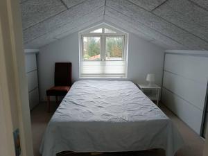 锡尔克堡Silkeborg Legoland luxury cabin的一间卧室设有一张大床和一个窗户。