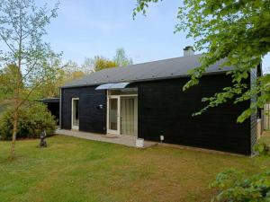 锡尔克堡Silkeborg Legoland luxury cabin的黑房子,前面有一只狗