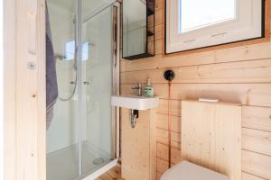 汉堡Tolles Tiny-Hausboot GÜNTER mit Dachterrasse的带淋浴、卫生间和盥洗盆的浴室
