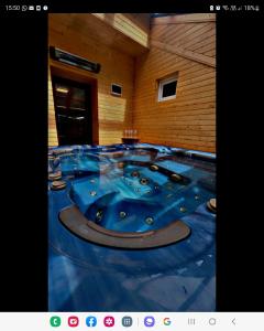 斯塔纳德瓦勒Cabana Patru Brazi的一间客房内设有大型蓝色浴缸的房间