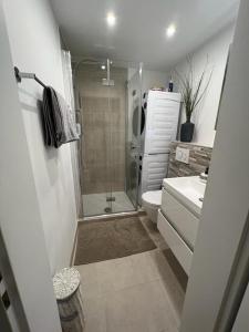 巴塞尔Stylish 1-bedroom condo close to exhibition square的带淋浴、卫生间和盥洗盆的浴室