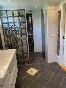 哥德堡Studio 51 Örgryte的带淋浴和盥洗盆的浴室