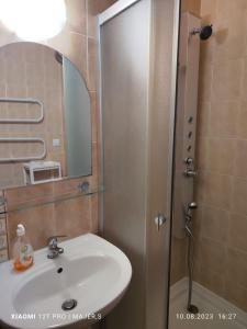 罗威Villa Zosia的浴室配有盥洗盆和带镜子的淋浴