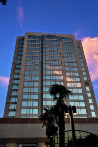 圣安东尼奥The Westin San Antonio North的一座高大的建筑,前面有一棵棕榈树