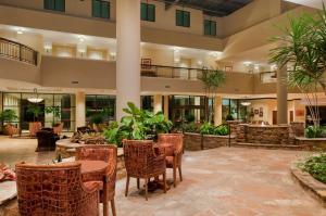 圣安东尼奥圣安东尼奥市中心河畔希尔顿合博套房酒店的大堂设有桌椅和植物