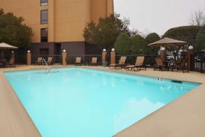夏洛特夏洛特大学汉普顿酒店的一个带椅子和遮阳伞的大型蓝色游泳池