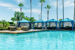奥兰多奥兰多机场希尔顿逸林酒店的度假村的游泳池,配有蓝伞和棕榈树