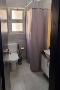 沙姆沙伊赫Apartment Sierra Residence Close to The Airport的一间带卫生间、窗户和水槽的浴室