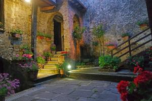 Rocca CilentoAntico Convento - Ospitalità Diffusa的一座庭院,里面种有盆栽植物,楼梯在建筑里
