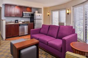 杰克逊维尔杰克逊维尔市区/南岸希尔顿惠庭套房酒店的一间带紫色沙发的客厅和一间厨房