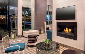 纽约纽约市金融中心/曼哈顿市区希尔顿花园酒店的客厅设有壁炉和电视。
