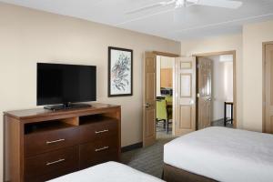 林夕昆高地巴尔的摩–华盛顿国际机场希尔顿惠庭套房酒店的一间卧室配有一张床,梳妆台上配有电视