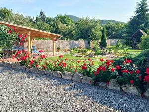 ErdőhorvátiKazsimér Vendégház的花园种有红色的鲜花,设有凉亭