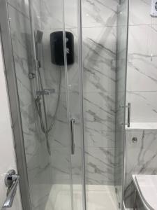 伦敦Newly renovated studio in Acton的浴室里设有玻璃门淋浴