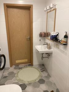 里加Apartment Upeņu的浴室设有门、水槽和镜子