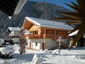 圣加伦基希Chalet Edelweiss im Montafon的雪地中的小木屋,有圣诞树